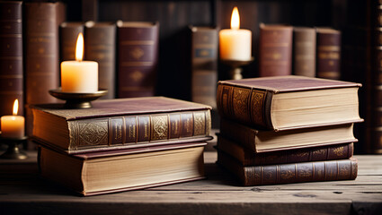 books and candle,
 candle among piles of vintage books tiled,
