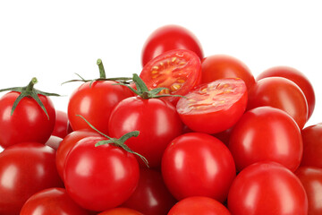 Whole and cut cherry tomatoes isolated on white, closeup