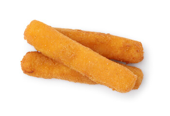 Tasty fried mozzarella sticks isolated on white, top view