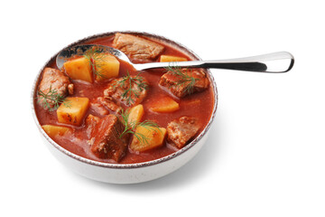 Delicious goulash in bowl isolated on white