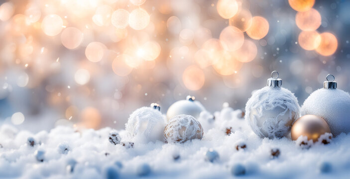 christmas ornaments on blissful snowy background with light bokeh, snowflakes and holiday feeling - copy space