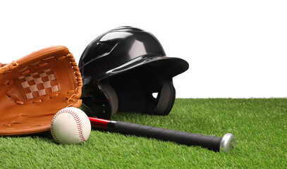 Baseball bat, ball, batting helmet and glove on artificial grass against white background