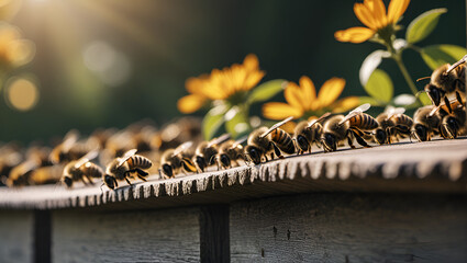 A lot of bees returning to bee hive and entering beehive with collected floral nectar and flower pollen,
A honey bee close-up on a flower with bokeh background,
bees, beehive, honey bees, pollination,
