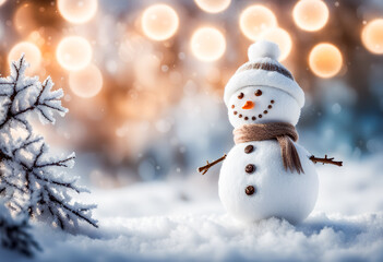 Fototapeta premium happy snowman in town with cold snow, frost, trees, warm holiday light bokeh and snow flakes