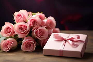 A gift box and a bouquet of pink roses on a wooden table. 