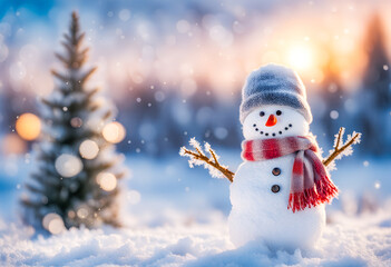 Fototapeta premium happy charming snowman in woods with cold snow, frost, trees, warm holiday light bokeh and snow flakes