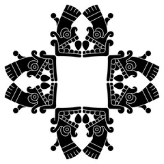 Geometrical square ethnic frame with stylized human skulls from Mexican codex. Native American design or Aztec Indians. Black and white silhouette.