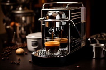 The essence of Italian coffee culture captured in a single Ristretto shot, with an antique espresso machine in the backdrop