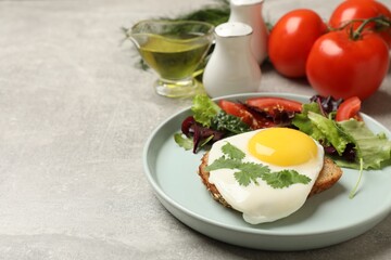 Plate with tasty fried egg, slice of bread and salad on light grey table. Space for text