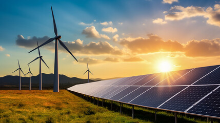 The Rise of Solar and Wind Energy  Revolutionizing the Power Industry, solar panels and windmill ,wind turbine  on the hill

