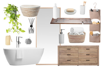 Mood board with bath tub, bathroom supplies and decorative elements on white background