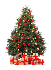 Beautiful Christmas tree with many gift boxes isolated on white