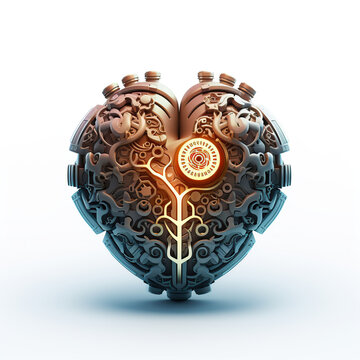 a mechanical golden heart with gears and metal concept - steampunk heart illustration