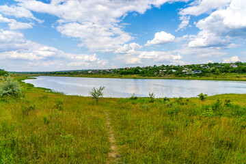Lake or pond. Background with selective focus and copy space