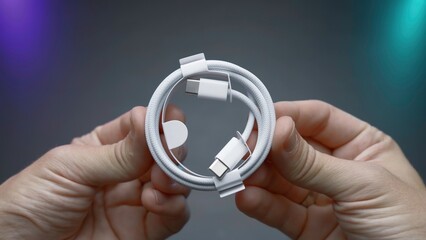 Close-up of type C wire for charging phone. Action. Type-C connector for charging phone on isolated...