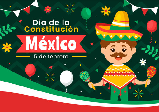 Dia De La Constitucion Vector Illustration. Translation: Happy Constitution Day of Mexico on February 5 with Mexican Hat and Waving Flag Background