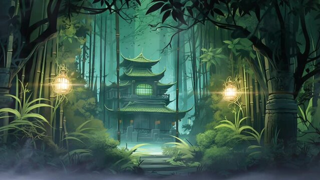 Green tropical forest with a mysterious house. seamless looping virtual video animation background, anime or cartoon illustration style. Generated with AI