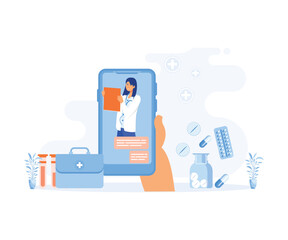 Online medicine and health care, doctor consultations and treatment using a smart phone, internet connected hospital. flat vector modern illustration
