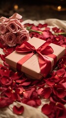 A beautifully wrapped gift box adorned with ribbons and a handwritten note placed amidst a bed of rose petals.