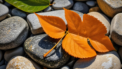 leaves on the ground,
A yellow leaf laying on top of a pile of rocks,
autumn leaves and a cairn in a lake spa relax tranquility concept,
stones with a red maple leaf on top,
