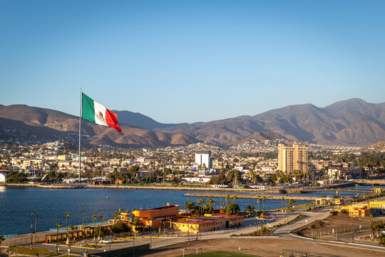 Downtown Business District of Ensenada, Mexico With Large Mexican Flag