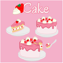 ilustracion vectorial de set de pastel rosa de fresa con crema y frutas  