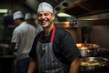 A professional chef, frontline staff, restaurant servers, coffee baristas, food preparer, smiling, commercial restaurant kitchen.  Concept of teamwork, collaboration, working together to cook