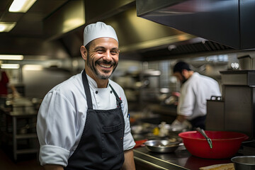 A professional chef, frontline staff, restaurant servers, coffee baristas, food preparer, smiling, commercial restaurant kitchen.  Concept of teamwork, collaboration, working together to cook