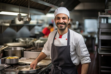 A professional chef, frontline staff, restaurant servers, coffee baristas, food preparer, smiling, commercial restaurant kitchen.  Concept of teamwork, collaboration, working together to cook