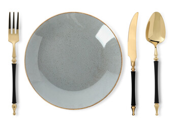 Empty grey plate with fork, knife and spoon on white background, top view