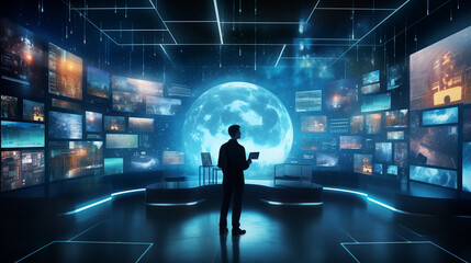 A person standing in a data monitoring room, digital technology concept illustration - obrazy, fototapety, plakaty