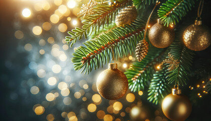 Obraz na płótnie Canvas Golden Christmas ornaments hanging from a pine tree branch for a festive celebration. Generative ai.