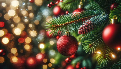 Obraz na płótnie Canvas Red Christmas ornaments hanging from a pine tree branch. Generative ai.