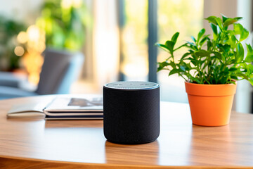 Echo from Amazon Alexa on the table. Alexa is a virtual personal assistant developed by Amazon with the aim of assisting in the execution of some everyday tasks. The user interacts through speech.