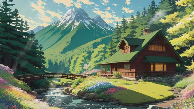 house in the mountains with beautiful forest. Cartoon or anime illustration painting style. seamless looping 4K virtual video animation background.