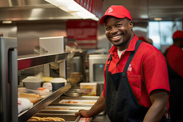 Professional chef, fast food, frontline staff, restaurant cook, food preparer, smiling, commercial restaurant kitchen.  Cooking fried foods, fries, burger, taco, burrito, bacon, pizza