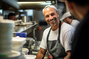 Professional chef, fast food, frontline staff, restaurant cook, food preparer, smiling, commercial restaurant kitchen.  Cooking fried foods, fries, burger, taco, burrito, bacon, pizza