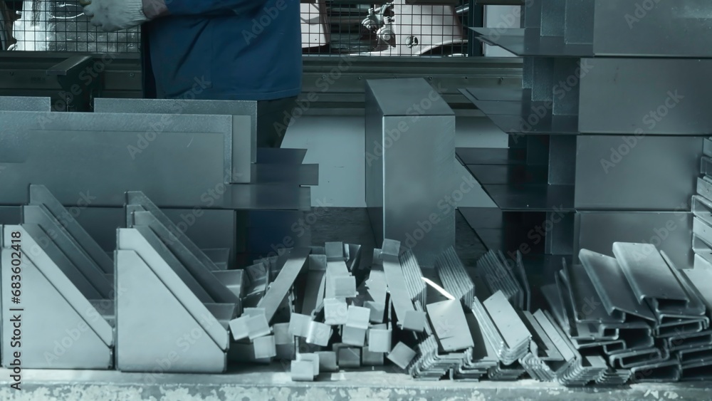 Poster worker manually assembles machine with metal parts. creative. work at factory for collection of meta