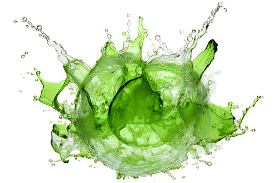 powerful explosion of splash green water, white lighting on white isolated background