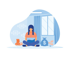  Passive income concept. Young woman working in front of laptop with money around her. flat vector modern illustration  