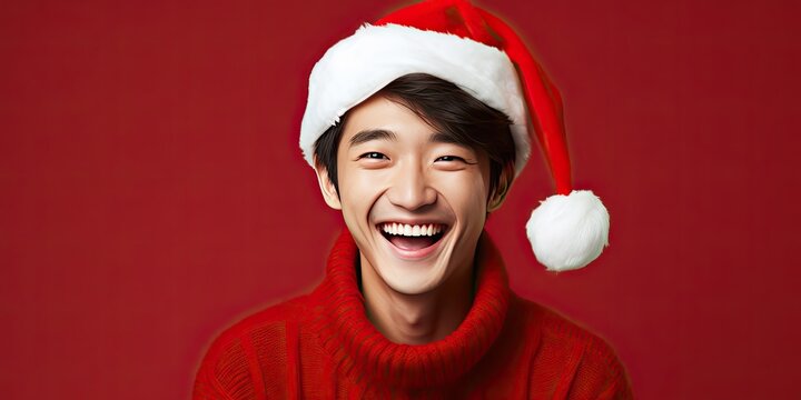 asian cute young man wearing santa hat smiling, generative AI