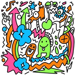 Hand-drawn illustrations, monsters doodle, Hand Drawn cartoon monster illustration,Cartoon crowd doodle hand-drawn Doodle style.