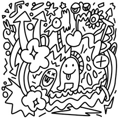 Hand-drawn illustrations, monsters doodle, Hand Drawn cartoon monster illustration,Cartoon crowd doodle hand-drawn Doodle style.black and white stripes coloring  book.