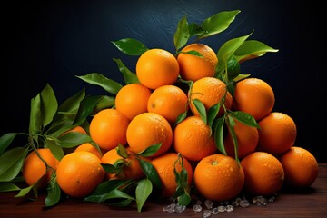 Oranges and leaves on a table
