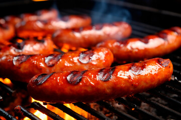 Close-up on the smoked and juicy sausage, exuding its tempting aroma. Tasty and seasoned gourmet sausage, a delight ready to be enjoyed.