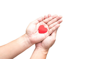 Two hands holding red heart in the palm. Health care, love, organ donation, mindfulness, wellbeing,...