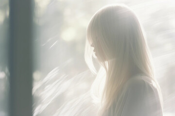 Fototapeta premium A Girl With White Hair Standing Beside a Bright Window