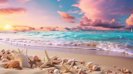 Rolgordijnen A secluded beach adorned with seashells, embraced by turquoise waves under a cotton candy sky. © Imran_Art