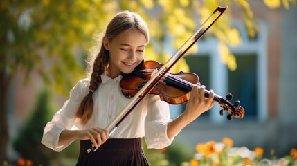 Fototapeta premium School musician kid play violin, music instrument