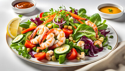 Delicious plates of mixed vegetables salad with juicy sauce and shrimp on a white background,